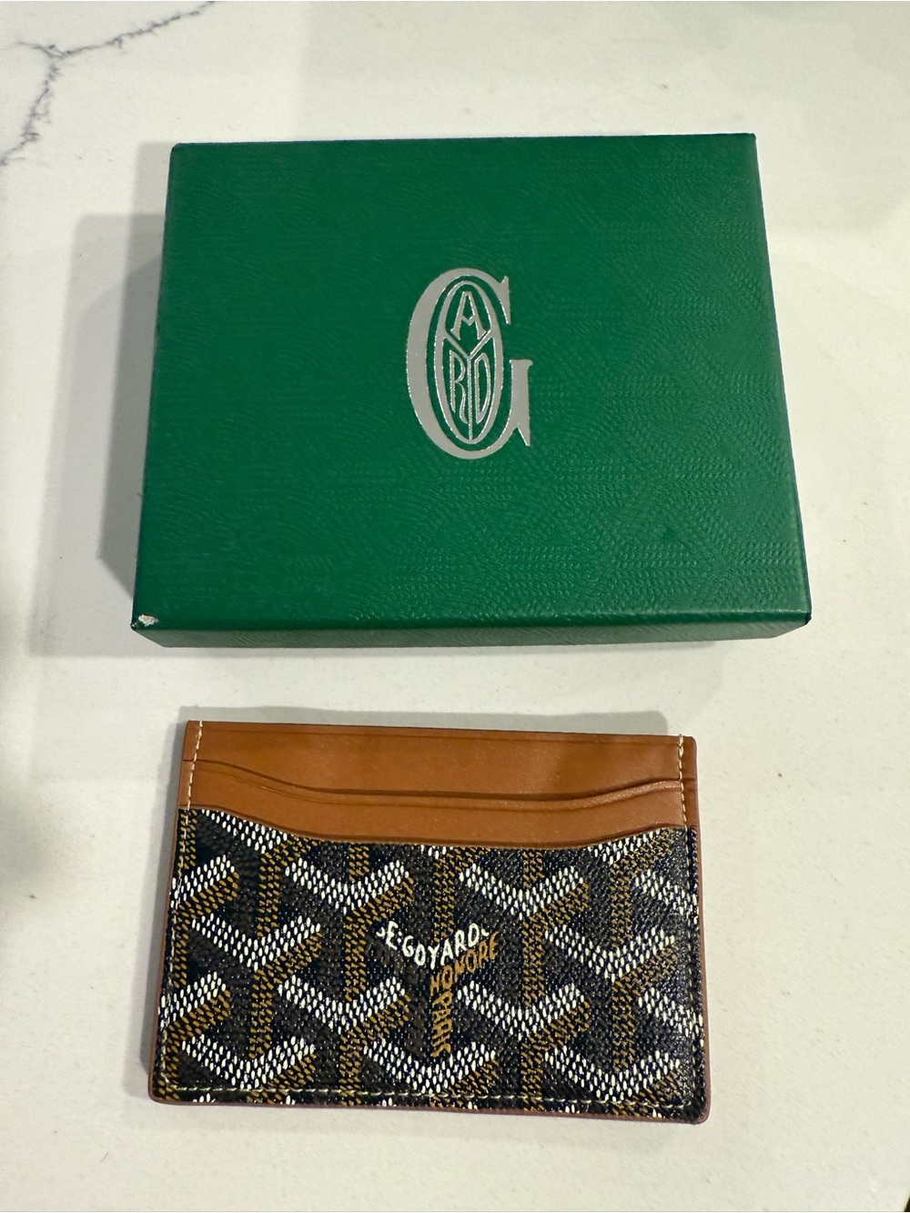Goyard Brown and Black Chevron Card Holder with Tan Trim